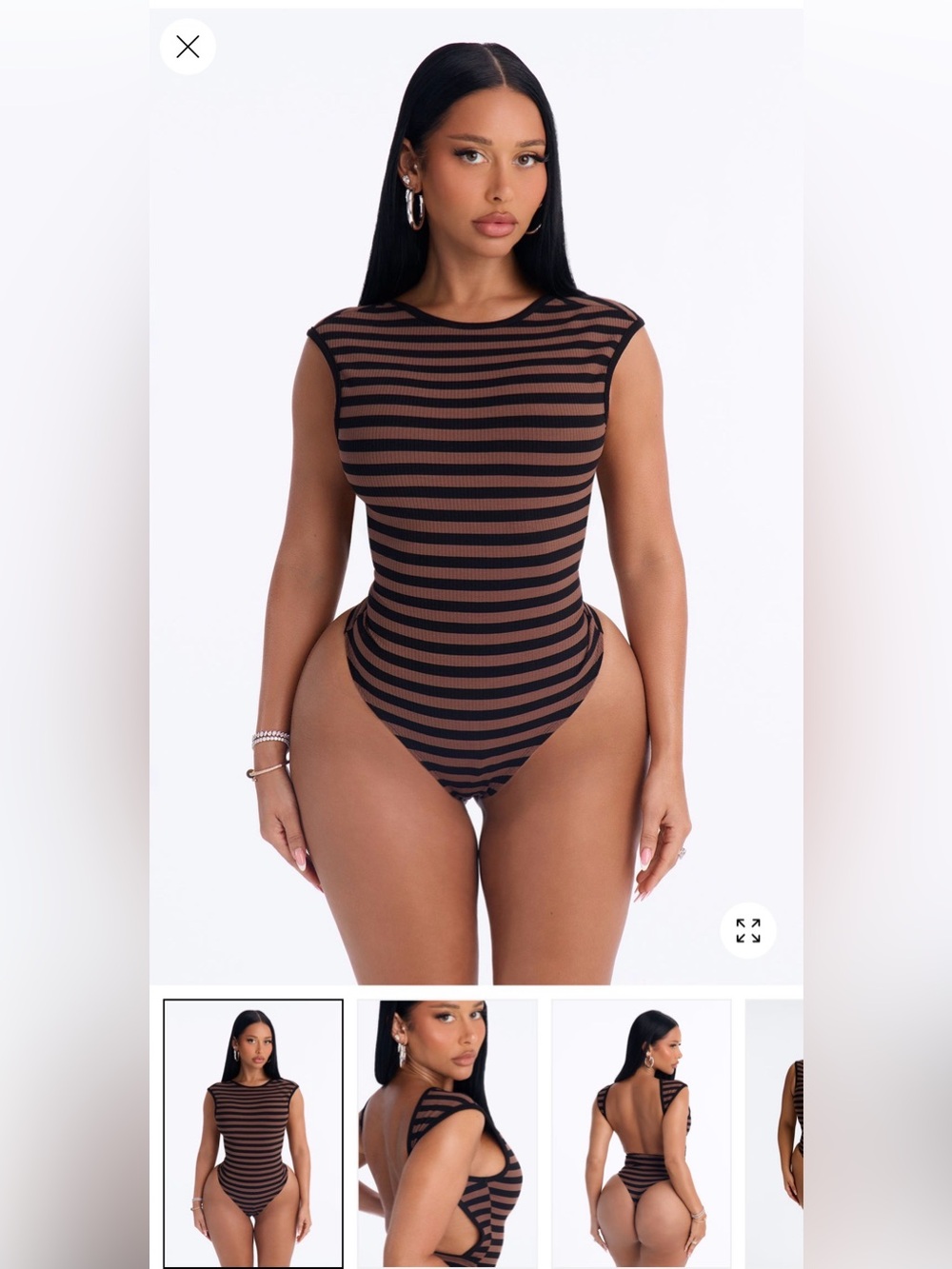 Striped Cap-Sleeve One-Piece Swimsuit - Brown/Black